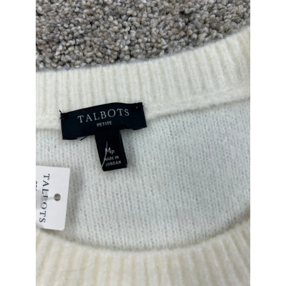 NWT Talbots Petite Ivory Cable Knit Ruffle Shoulder Sweater Cream PM #0674